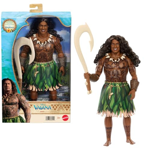 Mattel Disney Vaiana Maui modedocka inspirerad av spelfilmen | Avtagbara kläder, lockigt hår, 4 tillbehör inkl. fiskkrok, rörlig och samlarbar, JLV16