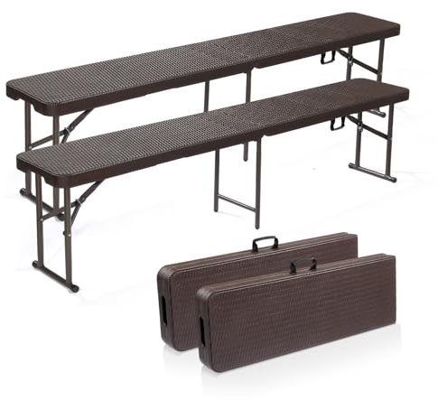 Bonnlo Banc de Jardin, Bancs Pliable 180 cm, Banc Exterieur Jardin en Plastique, pour Camping, Fête, Pique-Nique (2, Marron)