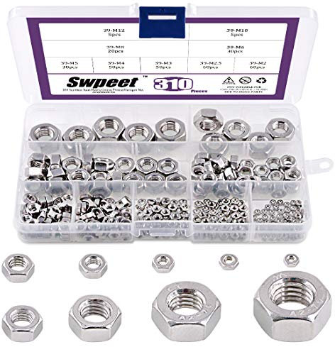 Swpeet - Tuercas hexagonales de acero inoxidable 304, rosca gruesa, tuercas hexagonales, 9 tamaños, M2 M2.5 M3 M4 M5 M6 M8 M10 M12