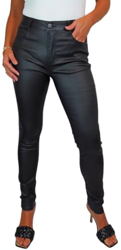 icecoolfashion Women's High Waist Stretch Leather Look Jeans Ladies Skinny Coated Jean Trousers with Pockets Black 10-22 (8)