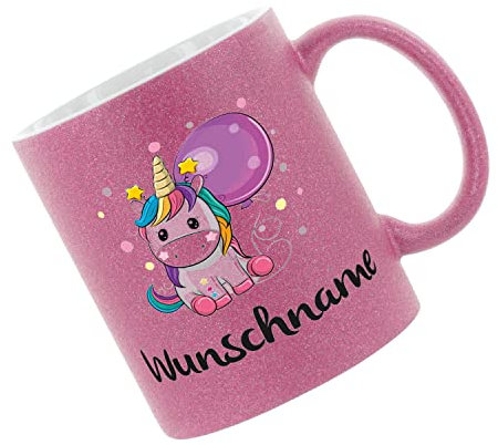 Crealuxe Glitzertasse Pink 'Einhorntasse (Wunschname)' personalisiert, Kaffeetasse, Bürotasse