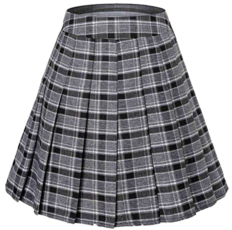 Hoerev Femmes Filles Taille Haute Plissée Patineuse Jupe de Tennis,Noir_Gris,38