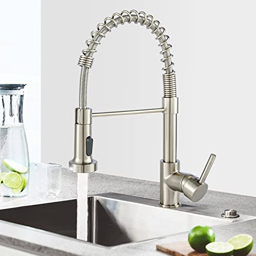 Kitchen Tap, Kitchen Sink Mixer Tap 360° Swivel Pull Out Spray Head, Kitchen Taps Single Handle 2-Modes Sprayer, Spring Kitchen Faucet Brushed Nickel with UK Standard Fittings