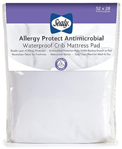 Sealy Baby Allergy Protect Antimicrobial Crib Mattress Protector Pad, Fitted Toddler Bed Cover, Protective Sheet for Boys & Girls Bedding, Waterproof, Machine Washable / Dryer Friendly, 52x28 - White