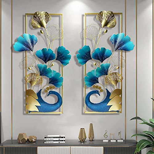 2 Stück Kreative Handgemachte 3D Metall Pfau und Ginkgo Blätter Wanddeko Wandschmuck Kunst Skulptur Wandbehang Wanddekoration für Wohnzimmer Schlafzimmer Hintergrund, 87x46cmx2Pcs