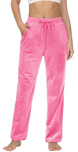 MAGCOMSEN Women's Velvet Pants Drawstring Waist Straight Leg Pant Casual Lounge Fleece Sweatpants Fluorescent Pink L