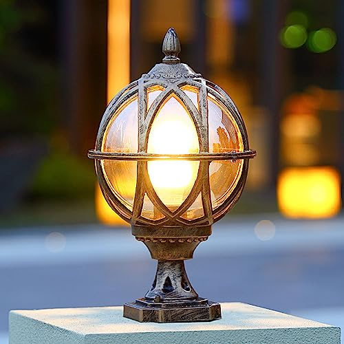 IBalody Outdoor Post Light Fixture Retro Amber Glass Ball Pillar Lights Waterproof Exterior Column Lamp Villa Courtyard Garden Park Doorpost Light Landscape Fence Bollard Pedestal Light