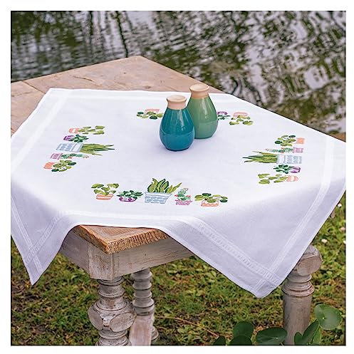 Vervaco Stickpackung Tischdecke Sticken Set Erwachsene Vorgedruckt Zimmerpflanzen Stickdecken Vorgezeichnet Decke Sticken Stickpackung Plattstich 80 x 80 cm Stoff zum Sticken Kreatives Geschenk