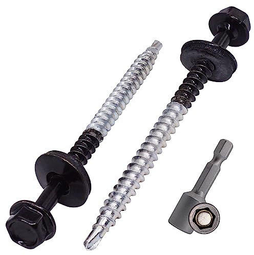 SKIR'CO (10 uds) Tornillos para techos pintados 4,8 x 70 mm cabeza hexagonal tornillos autoperforantes con arandelas de EPDM Negro intenso, RAL 9005