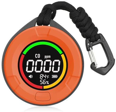 HAKINAKU Tragbarer CO-Melder Kohlenmonoxidmelder, Mobiler CO-Warner Kohlenmonoxid Warnmelder, CO-Messgerät CO-Messer mit Temperatur- & Luftfeuchtigkeitsanzeige, für Reise Camping, PTH-10D-Orange