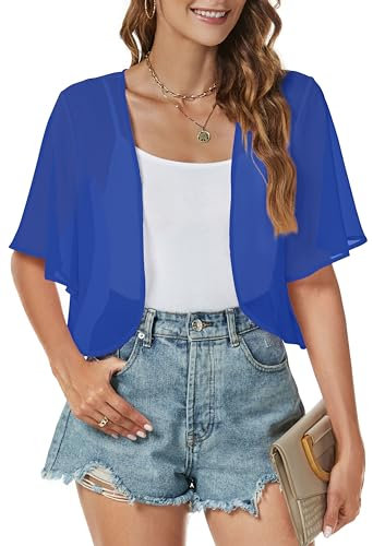 Gosunny Sommer Bolero Damen Leicht Offene Vorderseite Shrug Kurzarm Chiffon Strickjacke für Formelle Kleider（Blau，XL）
