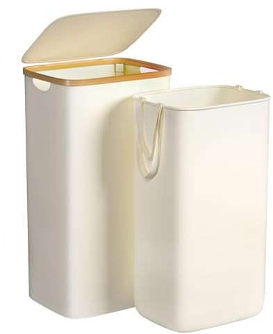 Foluck Large Laundry Hamper, 100L Waterproof Laundry Basket with Lid and Removable Bag, Collapsible Tall Clothes Hamper with Bamboo Handles for Clothes Toys in Dorm Bedroom Bathroom, Beige