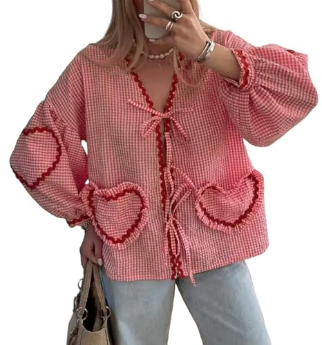 Blusa de manga larga con lazo frontal para mujer, diseño de guinga, babydoll con lazo, manga abombada, coqueta, con corazón, de manga larga, lindas camisetas de primavera, Rojo (Red Gingham), M