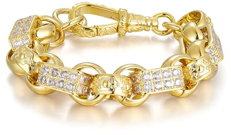 Gold Gypsy Link Belcher Bracelet with Clear CZ Stones, 9 Inch 13mm Belcher Chain, PVD Gold Plated – Bling King London