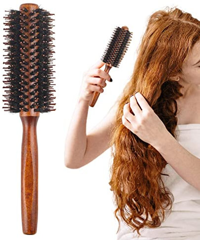 Spazzola rotonda per capelli, con setole di cinghiale, spazzola per capelli con manico in legno, previene grovigli e statica, per soffiare, arricciare, districare e raddrizzare i capelli (dimensioni: