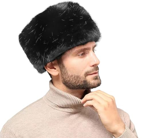 haozaikeji Faux Fur Russian Hat for Women Men Thermal Furry Winter Warm Cap Cossack Hat Fleece Lined Soft Windproof Trapper Hats Cold Weather Black