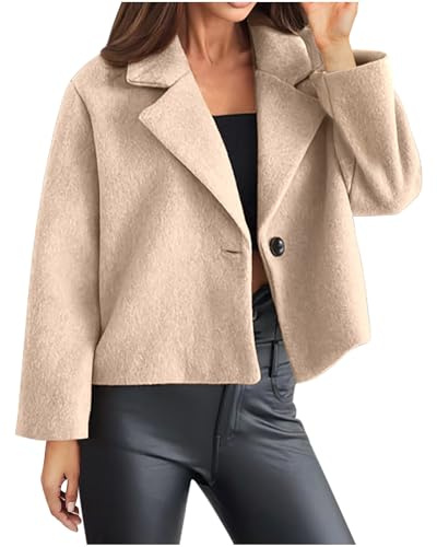 Klijuiaup Vestes courtes en laine pour femme en tweed - Blazer décontracté - Col rabattu - Un bouton ouvert sur le devant - Manteau d'automne et d'hiver élégant - Beige