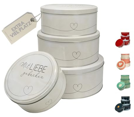 INSPINOVIA Keksdosen 4er Set | Ideal für Weihnachtsplätzchen & andere Leckereien | 4 Größen im Set | Gebäck & Aufbewahrungsdosen in bezaubernden Designs für viele Anlässe (Mit Liebe gebacken)