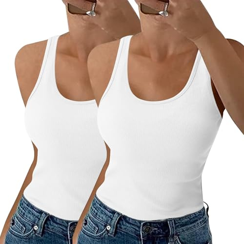 Aottori Women Tank Top Summer Sleeveless Vests Ladies 2 Pack Cotton Round Neck Camisole Shirts Ribbed Fitted Stretch Plain Basic Cami Undershirt