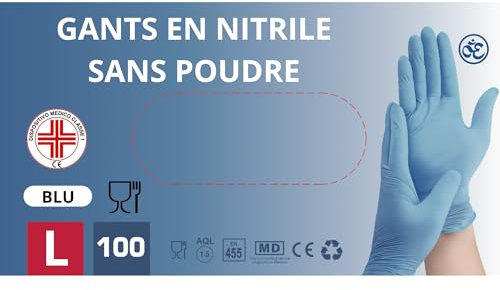 Medical 100 Guanti NITRILE MONOUSO Resistenti senza polvere Dispositivo Medico ipoallergenici senza lattice | Medici Chef Estetisti Tatuatori Uso Alimentare | Varie Taglie Disponibili (Blu, L)