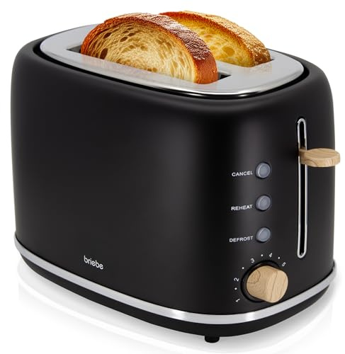 briebe Nordic Toaster mit breitem Schlitz, Toaster für 2 Scheiben, 6 Röststufen, Aufwärmfunktion, Abbrechen, Aufwärmen und Auftauen, Krümelschublade, Nordisches Design, 870 W, Schwarz