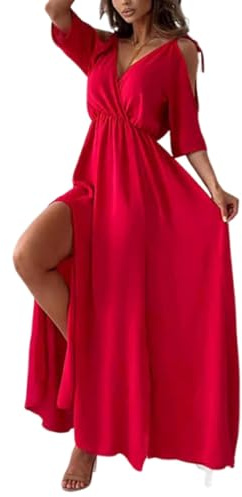 Elegant, sexig V-ringad klänning med sidoslits för kvinnor, maxiklänning med djup V-ringning och sexiga sidoslitsar för långa klänningar (röd, M)