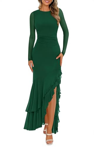 BTFBM Women's Maxi Dresses Spring 2026 Long Sleeve Ruched Bodycon Solid Ruffle Mermaid Cocktail Wedding Guest Dress(Dark Green,Large)