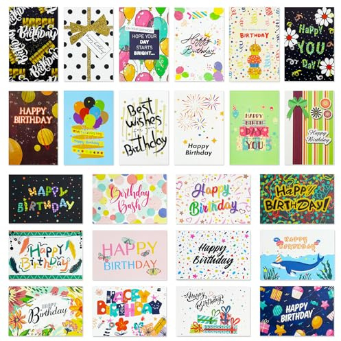 Zyluniy 24 Pezzi Biglietto di Auguri Compleanno, Biglietti di Vompleanno con Busta e Adesivi, Cartoline Biglietti Piegati Compleanno per Uomini, Donne, Bambini, Biglietti Auguri di Buon