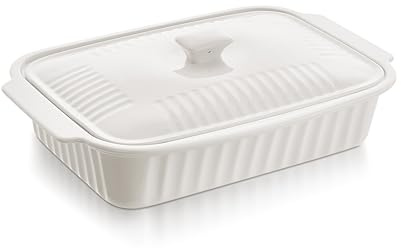 Large Baking Dish with Lid,5.5 Quart Lasagna Pan with Lid, 13.5x9 inch Ceramic Casserole Dish with Lid, Microwave, Dishwasher Safe, White