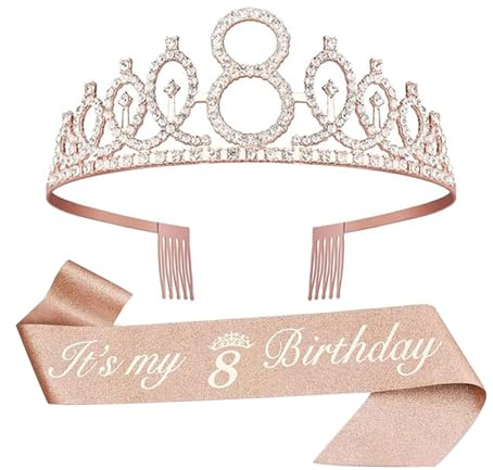 soporXw Couronne d'anniversaire pour fille de 8 ans - Décoration d'anniversaire de 8 ans - Cadeau de princesse - Bandeau et écharpe pour cadeau de fête