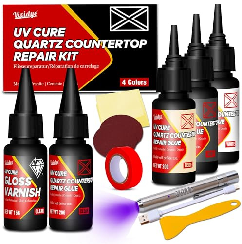 Kit Reparacion Baldosas, Compuesto por Adhesivo de 4 colores, Lámpara UV y Barniz para Reparaciones de Platos de Ducha, Rápida Restauración de Superficies de Cuarzo, Mármol, Fibra de Vidrio y Acrílico