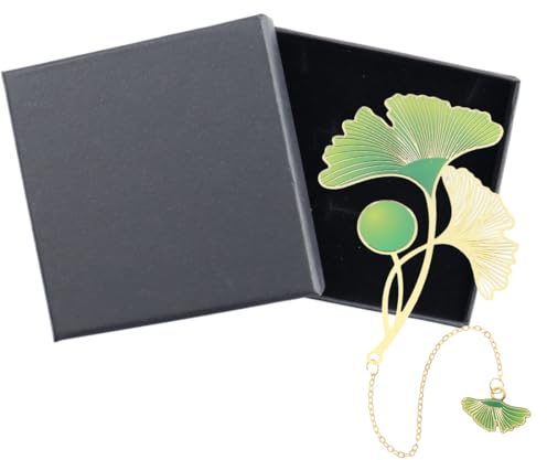 Segnalibro, segnalibri, segnalibro vintage, foglia oro, Segnalibro in metallo a forma di foglia di Ginkgo con ciondolo, Include scatola regalo nera, Regalo ideale per lettori e studenti
