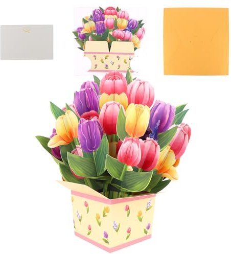 Esitrormi 3D Pop Up Tulip Bouquet Card, Floral Greeting Card with Envelope | 3D tulip bouquet pop up design, fits birthday, valentine, mother's day, anniversary and get well soon gifts, with envelope