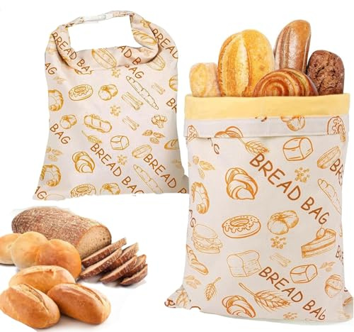 Paquete de 2 bolsas de pan de cera de abejas extragrandes, bolsas reutilizables de almacenamiento de pan de lino y algodón con forro de cera de abejas natural para masa madre y panes artes Yellow Bag