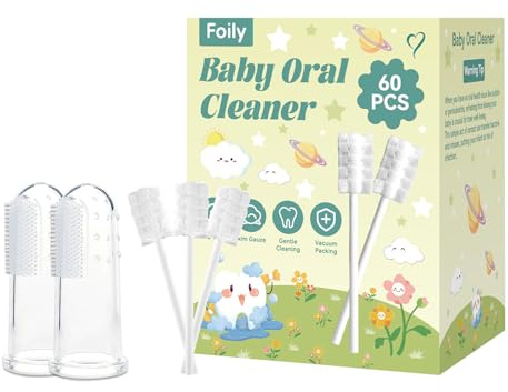 Foily 60-pack baby tungrengörare gasväv med 2 fingertandborste – mild munvård för nyfödda, engångs småbarn tandborste för 0-24 månaders tandborste för tandmungummi ren (fyrkantig stil)