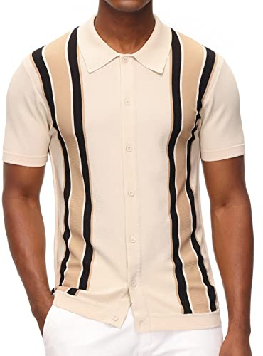 PJ PAUL JONES Camisas polo para hombre, diseño vintage a rayas, ligeras, de punto, beige, S