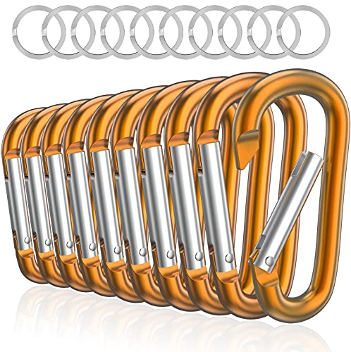 Sprookber 3 Aluminum Carabiner D Ring, Caribeener Clips, Spring Snap Hook for Keychain Clip, Set of 10 (Gold)