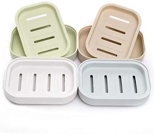BAOKUANHU 4 Pack Plastic Soap Dish, Soap Container, Double Layer Draining Soap Holder for Shower, Bathroom or Kitchen, C-0060