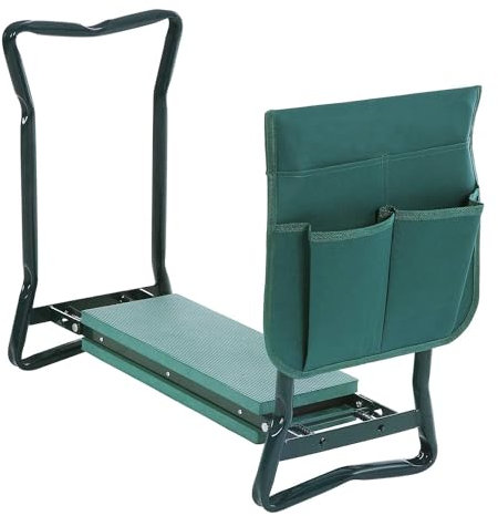 Tubiaz Tabouret de Jardin, Banc Agenouilloir de Jardinage 2 en 1 avec coussin en mousse EVA pour Protege Genoux, Pliable siège de jardin Avec sac à outils, 60 x 50 x 28 cm Vert, Charge maximale 150 kg