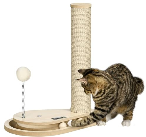 PawHut Kratzstamm für Katzen, 40 cm, Kletterbaum mit Holzkugel-Katzenspielzeug, Drehscheibe Katze Kratzbaum, Katzensäule, Spielbaum, Natur