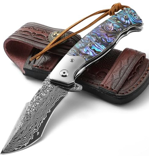 DRACHENADER Couteau Pliant Damas, Grand Couteau de Poche en Acier Damas, Manche en Coquille d’Ormeau, Étui en Cuir Véritable, Idéal comme Cadeau
