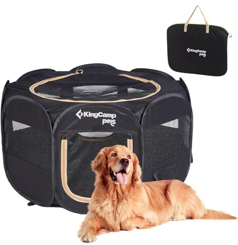 KingCamp Recinto Gioco per Cani 91 x 91 x 58 cm, Pop-up Recinzione Pieghevole con Rete Traspirante per Animali Domestici, Portatile Box per Gatto Coniglio Interno Esterno, in Tessuto Oxford, Nero M