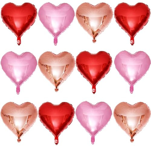 Lovoir 12 Pcs Red Heart Shape Foil Mylar Balloons 18 Inch Love Balloons for Valentine's Day Birthday Party Decorations Wedding Engagement Romantic Decor (Red & Pearl Pink & Rose Gold)