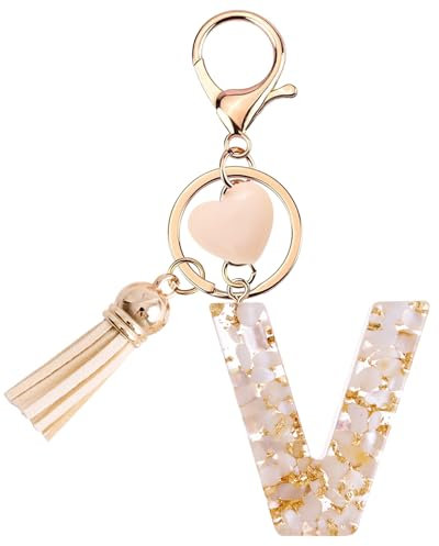 Vorysum Schlüsselanhänger Kinder Schlüssel Buchstabe Anhänger Beige Marmor Harz Mit Anfangsbuchstaben Gold Schlüsselringe Herzförmig Schlüsselanhänger Personalisiert Mädchen Keychain Geschenk （V）
