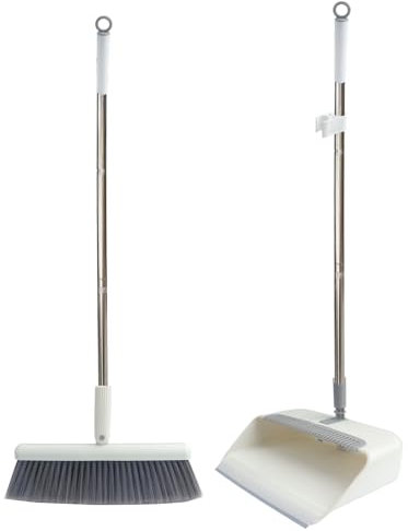 QISUTTK Long Handle Dustpan and Brush Set, Vertical Dustpan and Brush, Comb Design, rotatable Dustpan for Indoor and Outdoor Gardens, Living Rooms, Kitchens, Offices and Lobbies. (White)