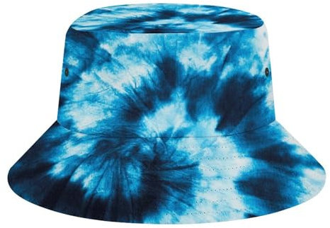 Anglerhut Blau-Weiß-Blaugrüner Batikdruck Strandhut Faltbar Bucket Hat Sonnenschutz Fischerhüte Für Outdoor Urlaub Wandern