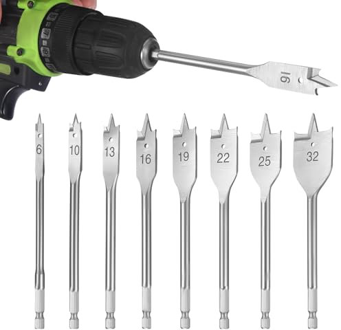 WiMas 8PCS Wood Flat Drill Bits Set 6, 10, 13, 16, 19, 22, 25&32mm Spade Drill Bit, Carbon Steel Woodworking Hole Cutter Tools