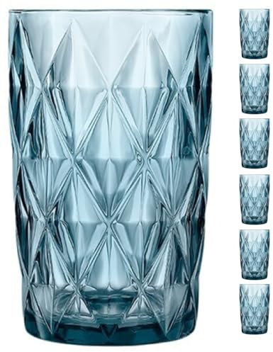 6 Vasos Bistro Marino 40 cl - Envio 24h - Perfecto para uso en Casa, Restaurante y en Fiesta, Ligeros y Resistentes con acabado de diamantes - Vasos de Agua, Refrescos, Whisky (Azul Marino, 40 cl)