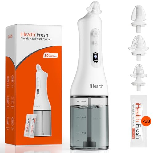 iHealth Electric Nasal Irrigation System for Adults & Kids – Gentle Sinus Rinse for Rhinitis & Sinusitis Relief, 400ml Easy-Clean Large Tank, Water Temperature Measurement, 30 Premixed Saline Packets