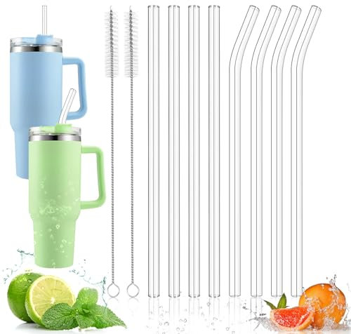 KUOFANY 10 pezzi Cannucce di Vetro Riutilizzabili, 30cm Cannuccia in vetro per Accessori Stanley da 40/30 Once, 4 Lunghe Dritte + 4 Cannucce di Vetro Curve+ 2 Spazzole di Pulizia